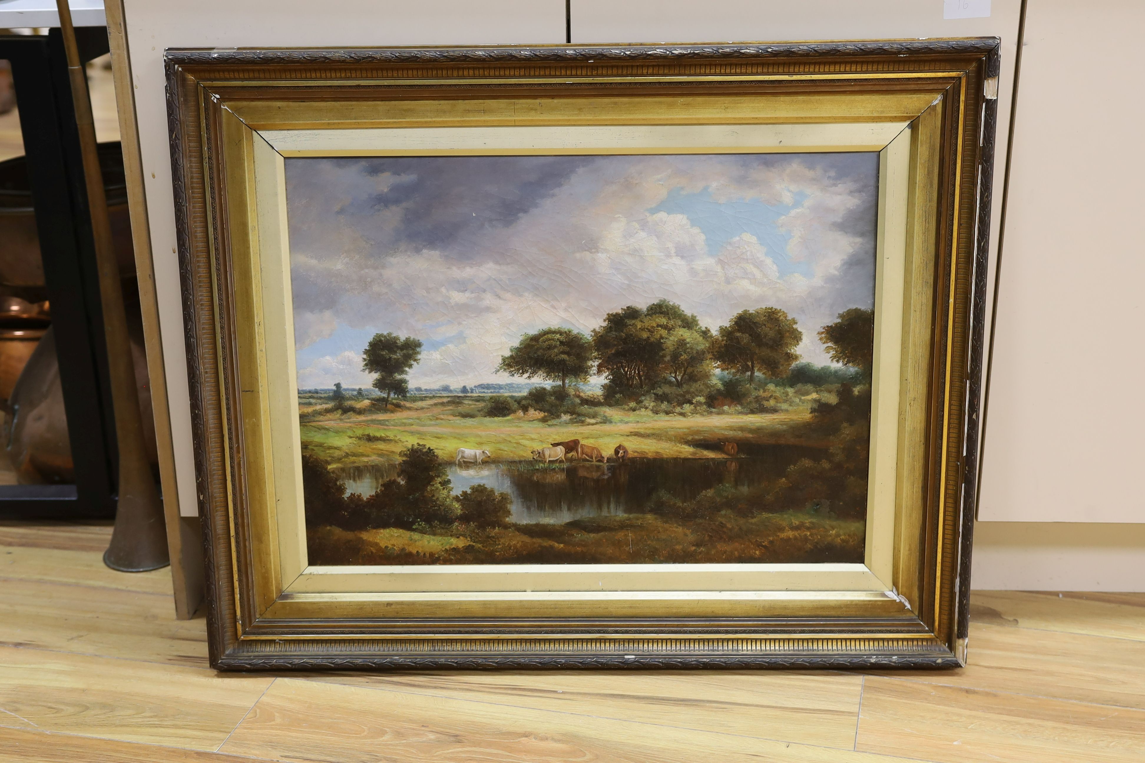 19th century English School, oil on canvas, Cattle watering in a landscape, 50 x 68cm